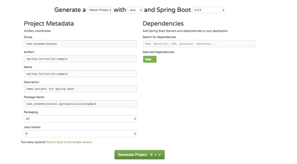 Spring Initializr Full View