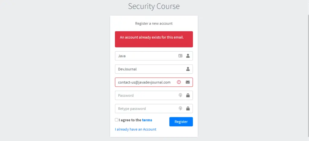 Spring Security Tutorial User Already exist exception