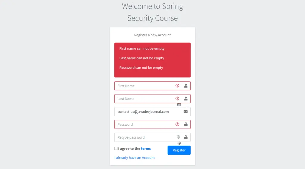 Spring Security Tutorial Validation errors